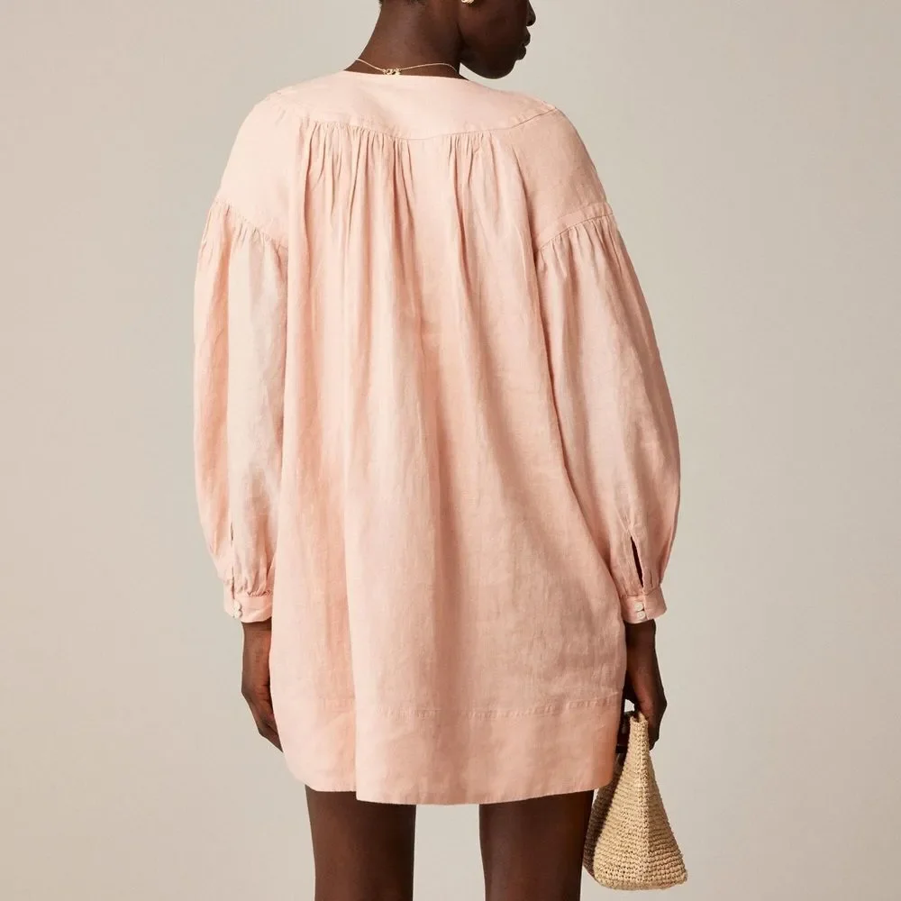 NWT J. Crew Gathered popover dress in linen in Peach Clay size Large